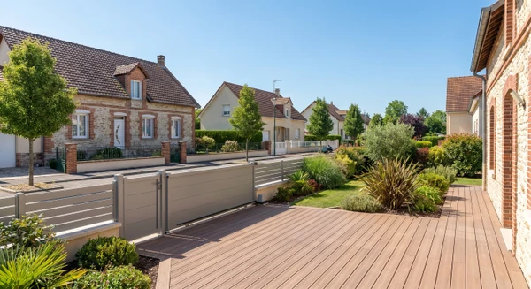 Photographie réaliste d'un paysage résidentiel caractéristique de Vitry-le-François en Champagne, montrant une ou plusieurs propriétés privées avec des aménagements extérieurs professionnels visibles : terrasse en bois ou composite, clôture moderne, portail, et jardin bien entretenu. La perspective doit être prise de jour, claire et accueillante, illustrant le type de clients et de travaux auxquels intervient l'entreprise paysagiste dans cette zone urbaine/semi-urbaine de Champagne-Ardenne. L'image doit être distincte des vues déjà sélectionnées pour Châlons-en-Champagne et Épernay (pas de maison isolée en milieu rural, mais un environnement plus urbain/collectif représentatif de Vitry-le-François). Aucun texte, logo ou filigrane visible.