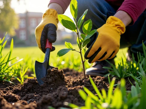 Jardin paysager extérieur avec aménagement décoratif comprenant massifs fleuris surélevés, bordures en pierre naturelle, paillis minéral gris, arbustes taillés en boule, graminées ornementales